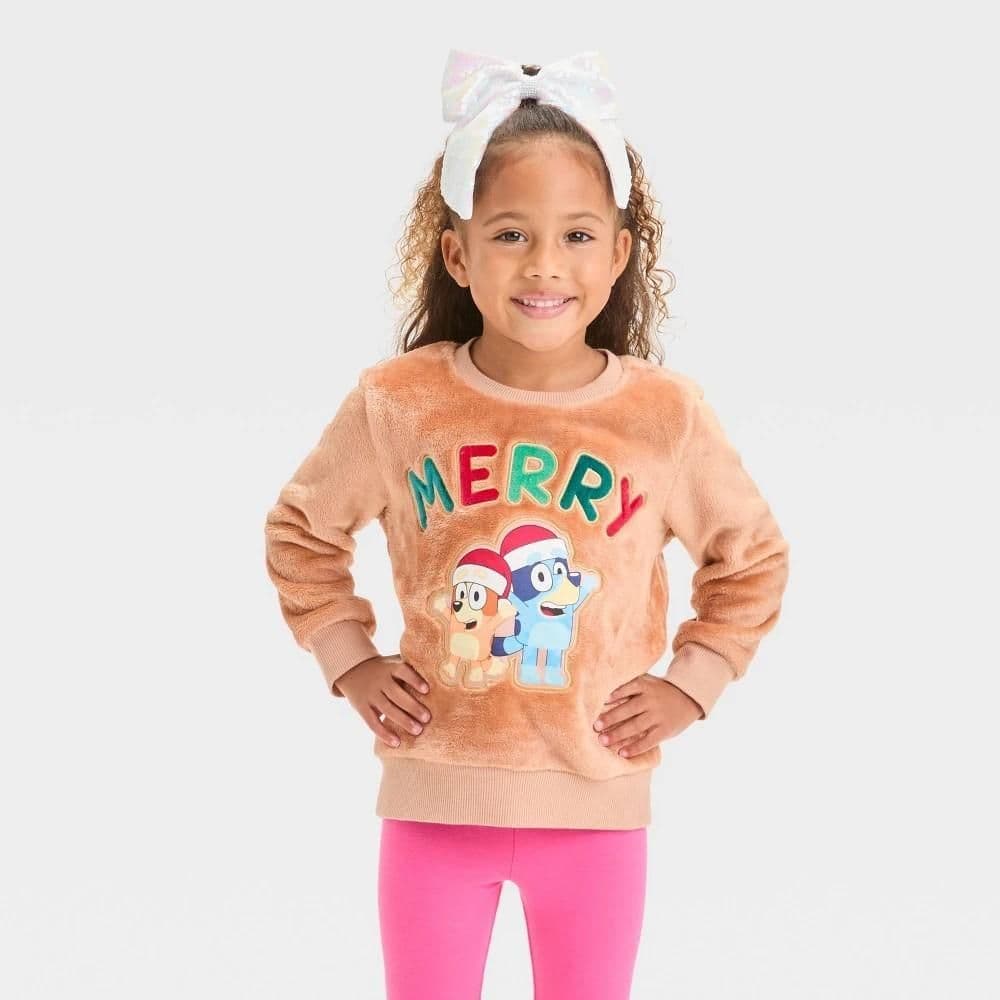 #2882 4T Toddler Bluey Christmas "Merry" Cozy Woobie Pullover - Brown - Default