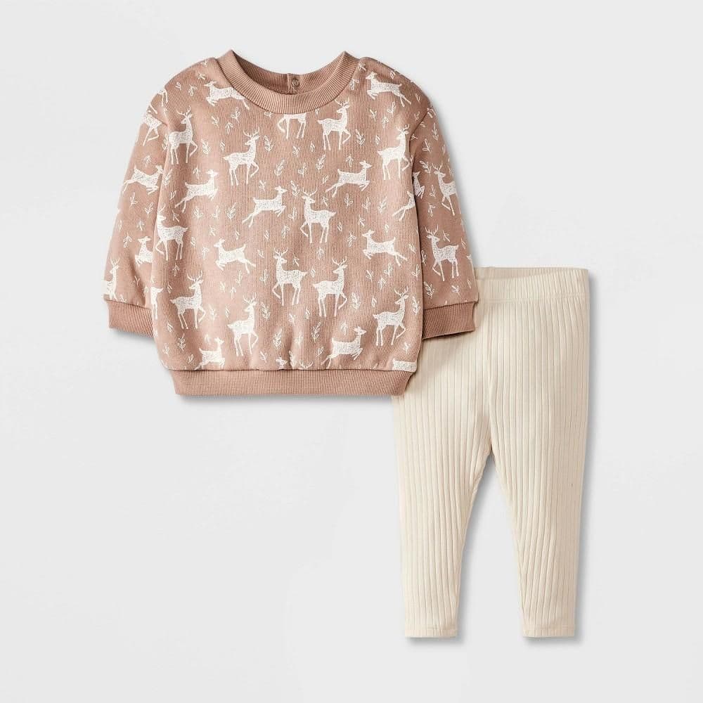 #8509 18M Grayson Mini Baby Girls' Deer Printed Sweatshirt Set - Brown - Default