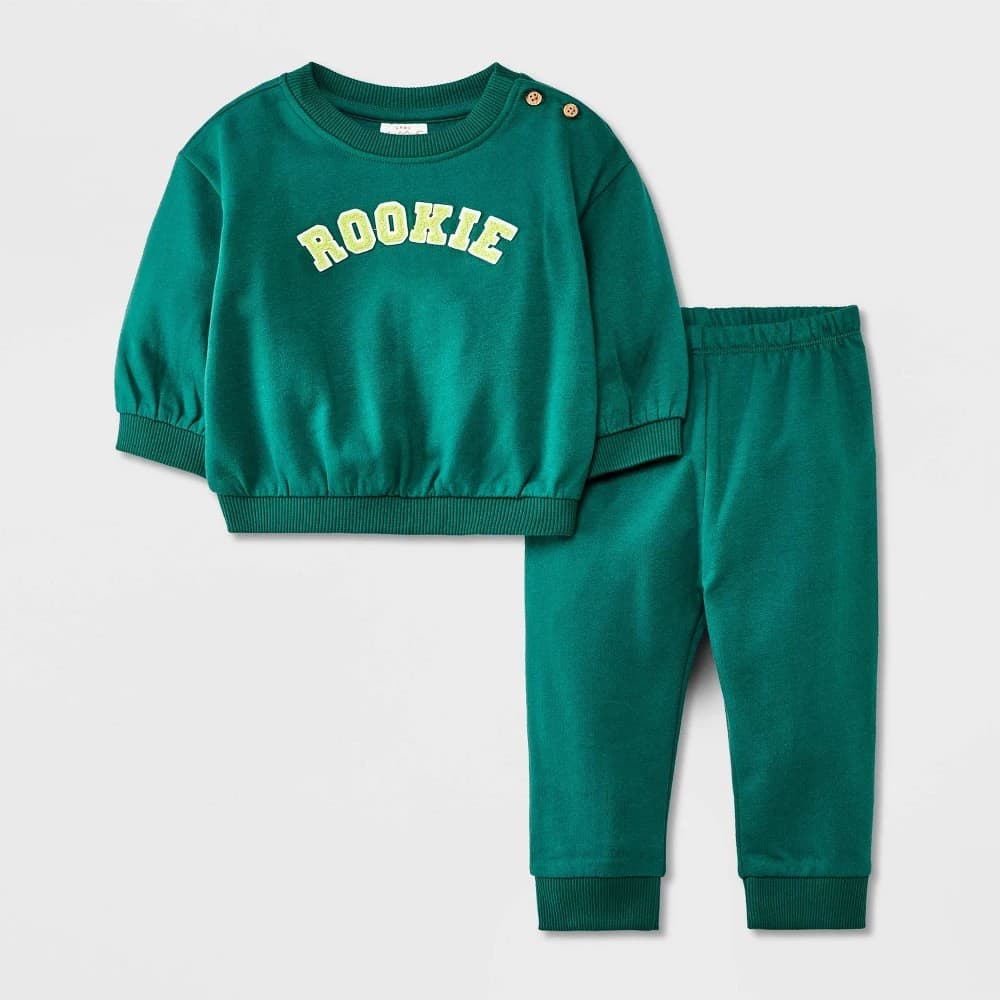 #8066 0-3M Baby Graphic Fleece Sweatshirt & Jogger Pants - Cat & Jack Dark Green : Midweight Knit Set, Cotton Blend, Long Sleeve - Default