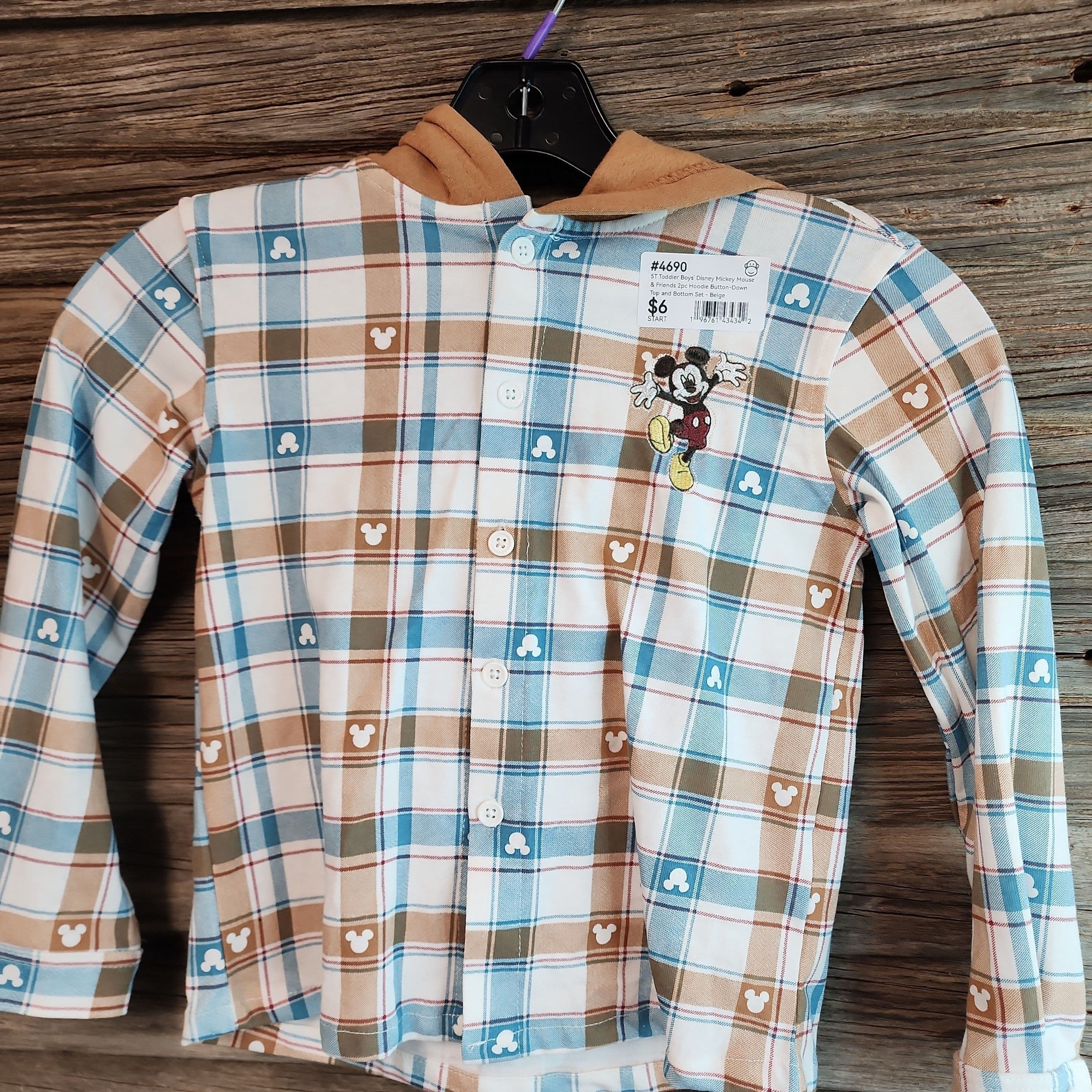 #4690 5T Toddler Boys' Disney Mickey Mouse & Friends Hoodie Button-Down Top - Beige - Default