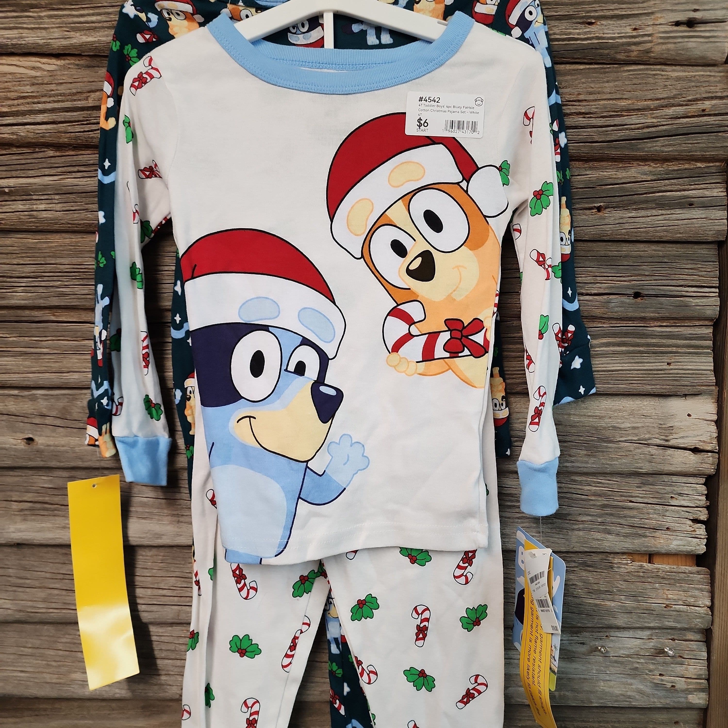 #4542 4T Toddler Boys' 4pc Bluey Fairisle Cotton Christmas Pajama Set - White - Default
