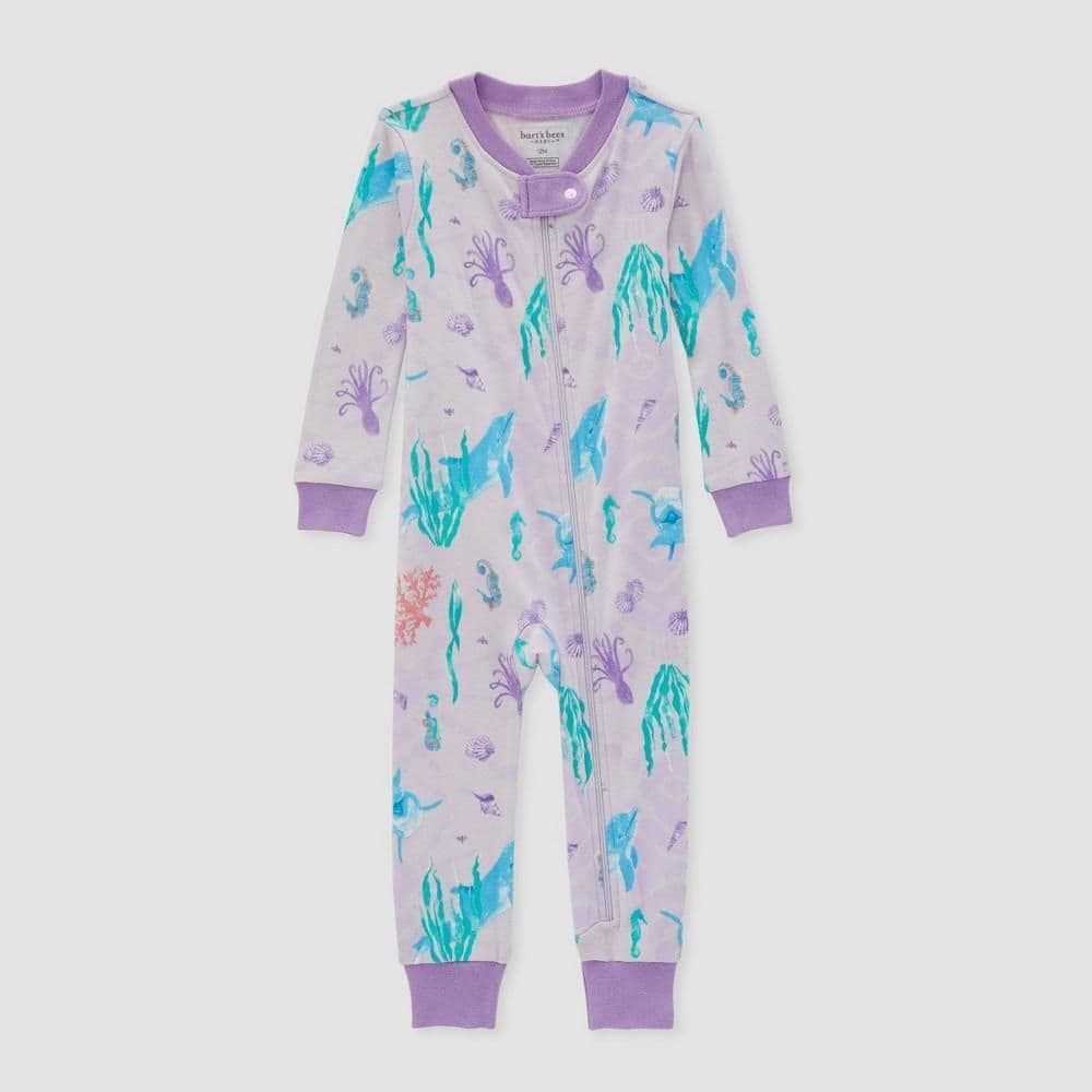 #8476 18M Burt's Bees Baby Baby Girls' Under The Sea Organic Cotton Snug Fit Pajama Jumpsuit - Purple - Default