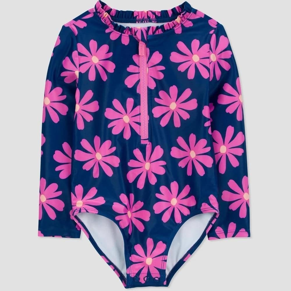 #9112 5T Carter's Just One You Toddler Girls' Long Sleeve Floral Printed One Piece Rash Guard - Pink/Navy Blue - Default