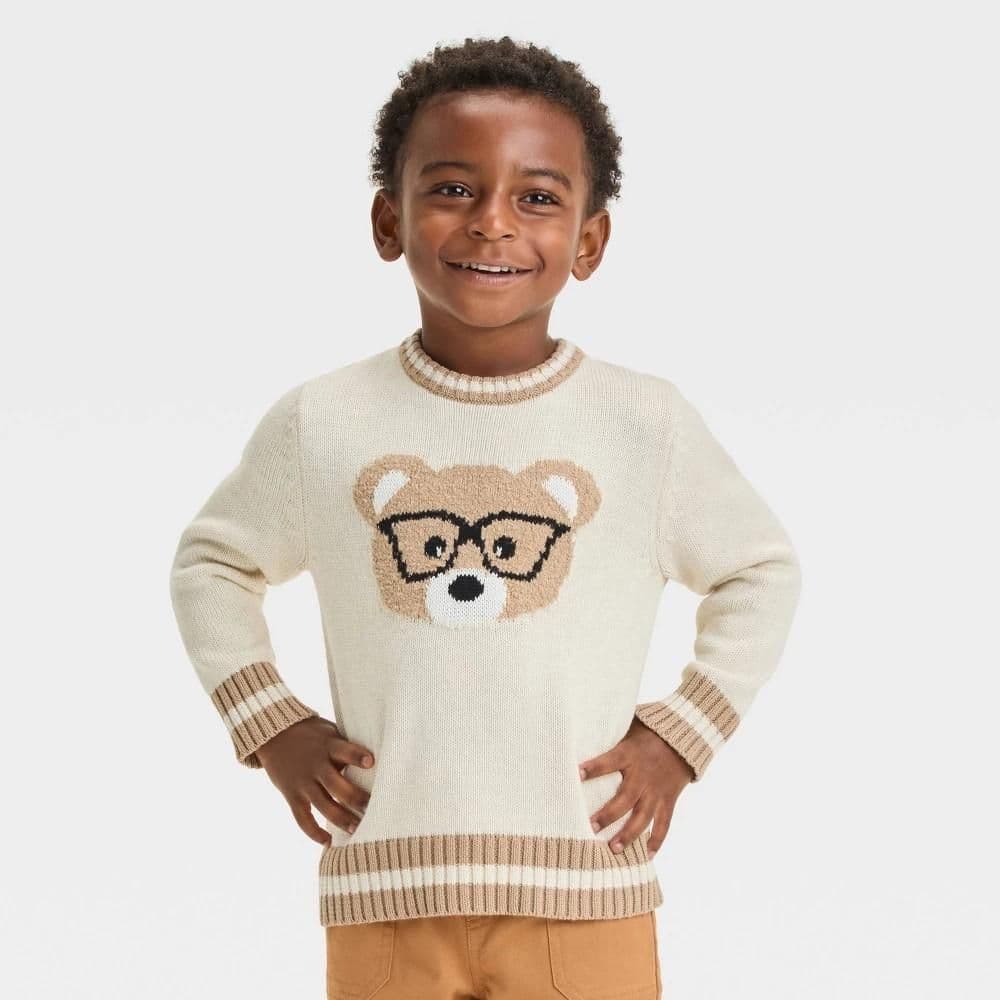 #9133 5T Toddler Boys' Bear Pullover Crewneck Sweater - Cat & Jack Beige - Default