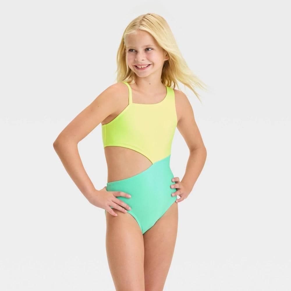 #5620 Large Girls' Solid One Piece Swimsuit - Cat & Jack Yellow - Default