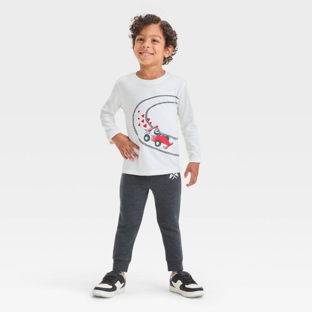 #8574 18M Toddler Boys' Valentine's Day Racecar Long Sleeve T-Shirt and Fleece Jogger Pants Set - Cat & Jack Off-White - Default