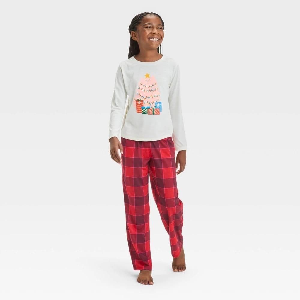 #5120 Small Girls' 2pc Christmas 'Holiday Cat' Long Sleeve Pajama Set - Cat & Jack Red/Cream - Default