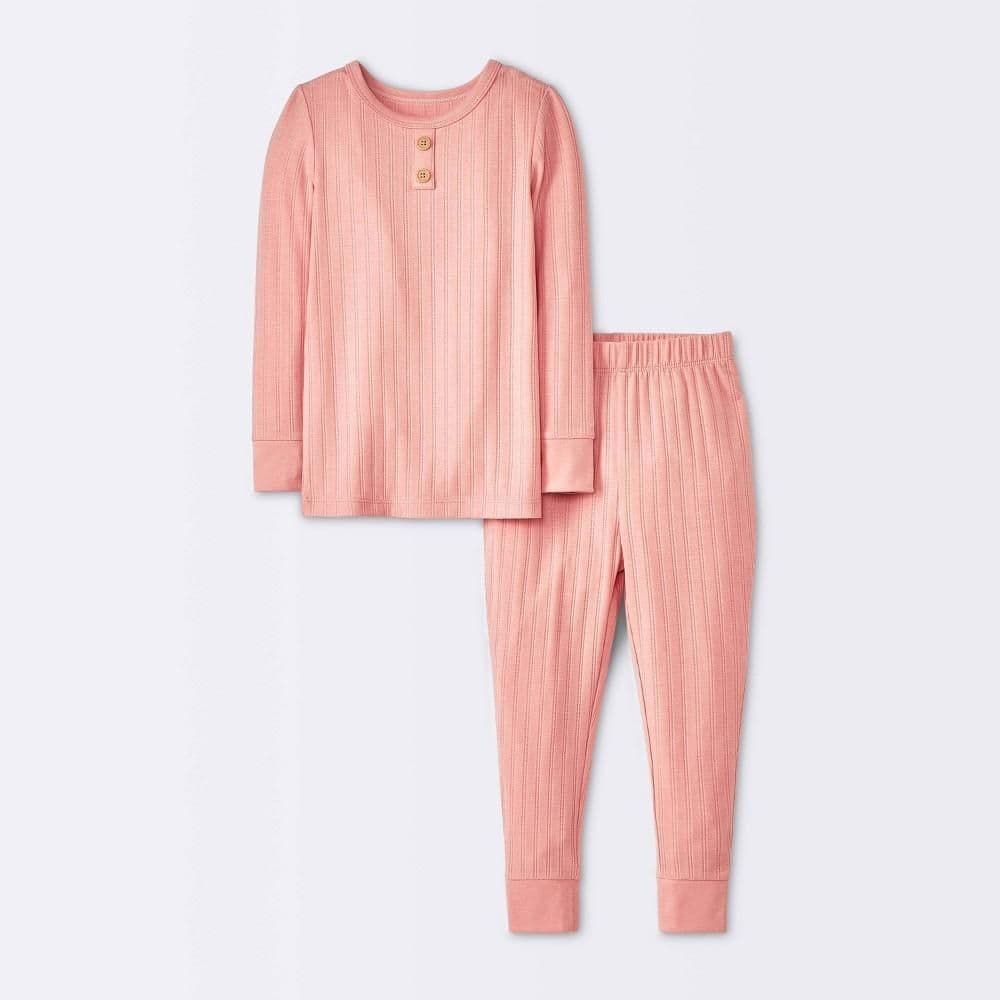 #8537 18M Toddler 2pc Solid Pointelle Snug Fit Pajama Set - Cloud Island Pink : Henley Neck, Jacquard Knit, Machine Washable - Default
