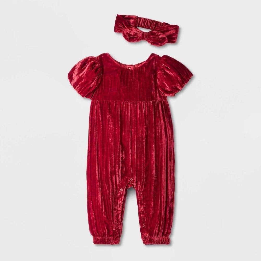 #1000 Newborn Baby Girls' Crinkle Velour Romper - Cat & Jack Dark Red - Default