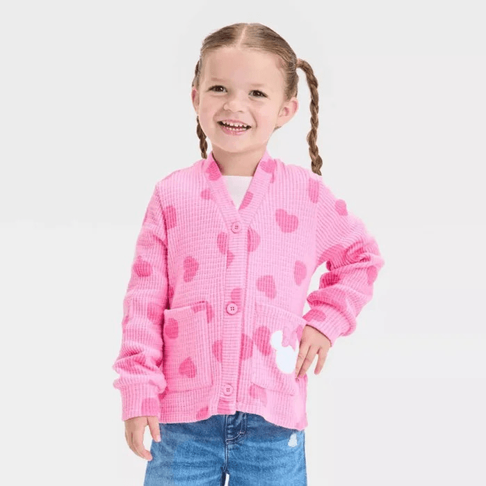 #9188 5T Toddler Girls' Disney Minnie Mouse Valentine's Hearts Cardigan Sweater - Pink - Default