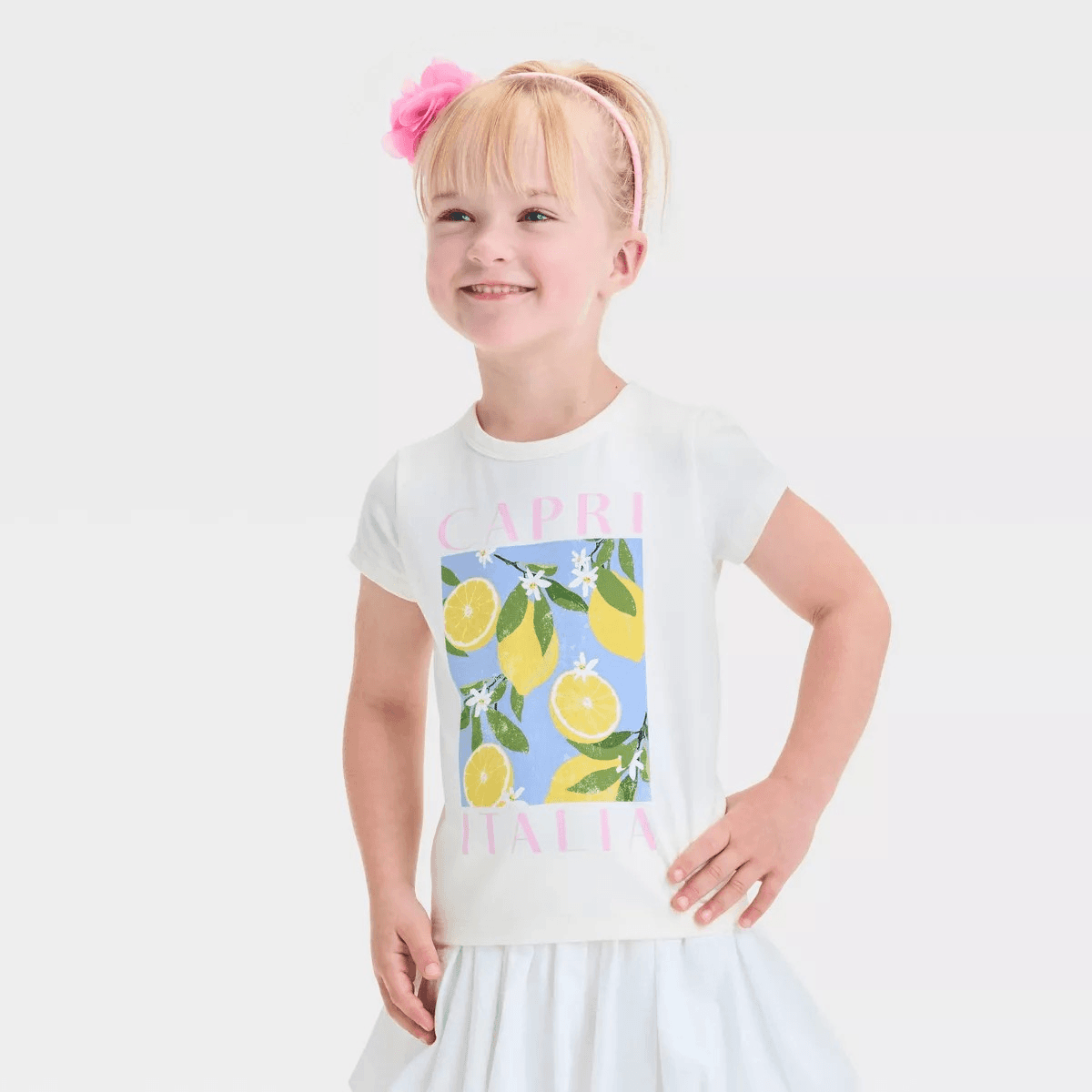 #4368 3T Grayson Mini Toddler Girls' Ribbed White Capri LemonT-Shirt - White - Default