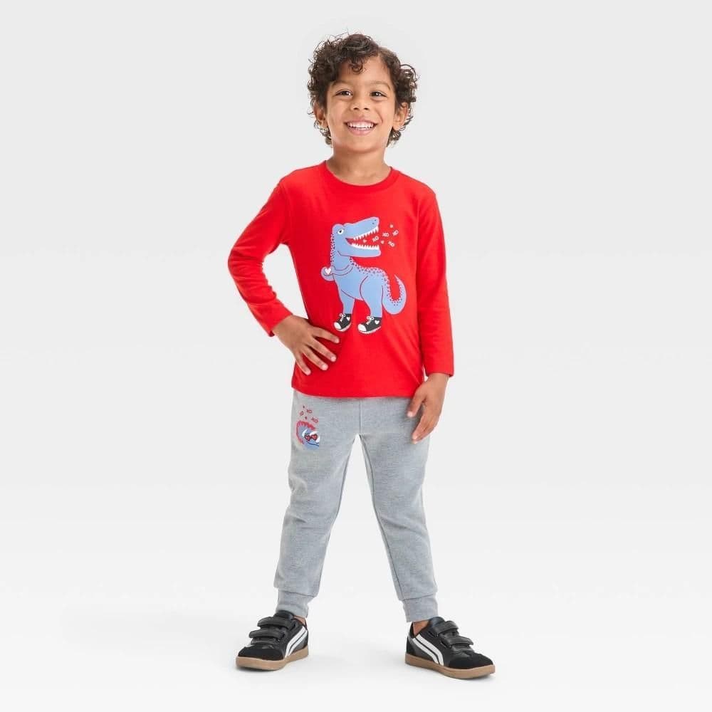 #3206 5T Toddler Boys' Valentine's Day Dino Long SleeveT-Shirt and Fleece Jogger Pants Set - Cat & Jack Red - Default
