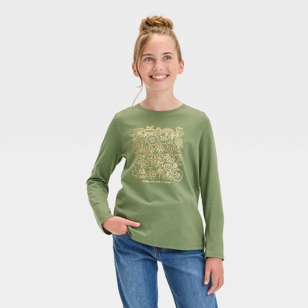 #5014 XS Girls' Long Sleeve 'Time to Grow' Graphic T-Shirt - Cat & Jack Olive Green - Default