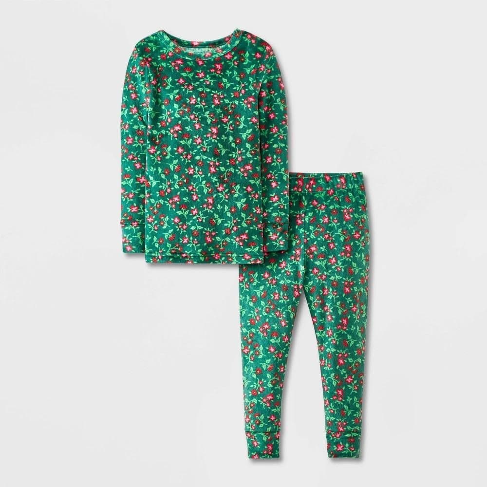 #2325 2T Toddler 2pc Snuggly Soft Snug Fit Christmas Floral Pajama Set - Cat & Jack Green - Default