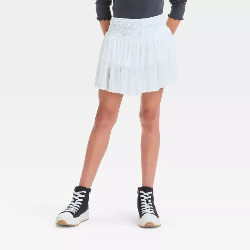 #5177 Small Girls' Smocked Tiered Mesh Skirt art class White - Default