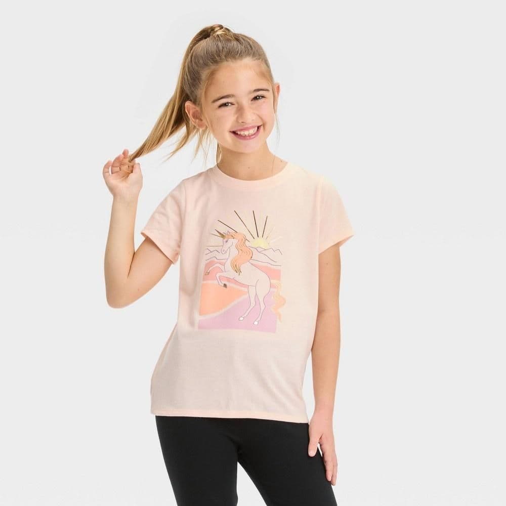 #5606 Large Girls' Short Sleeve 'Unicorn' Graphic T-Shirt - Cat & Jack Light Peach - Default