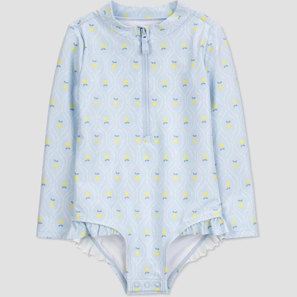 #4208 2T Carter's Just One You Toddler Girls' Long Sleeve Lemon Printed One Piece Rash Guard - Lemon Yellow/Blue - Default