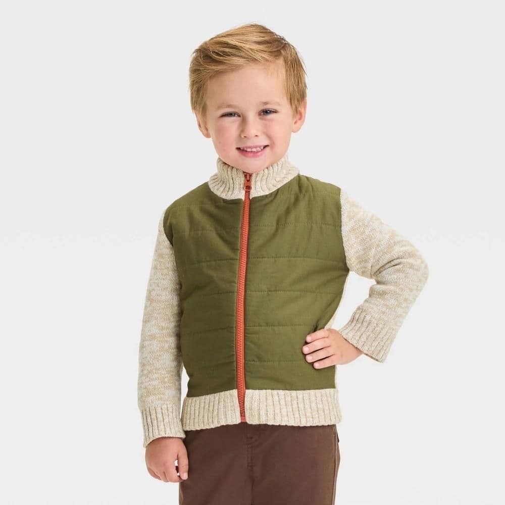 #2946 4T Toddler Boys' Quilted Zip-Up Sweater - Cat & Jack Olive Green - Default