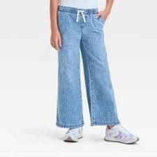 #5586 Large Girls' Mid-Rise Pull-On Wide Leg Denim Pants - Cat & Jack Medium Wash - Default