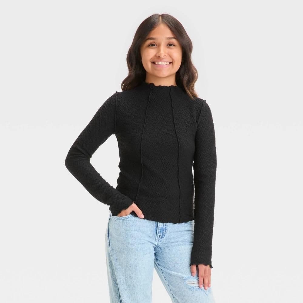 #5809 XXL Girls' Long Sleeve Textured Mock Turtleneck T-Shirt - art class Black - Default
