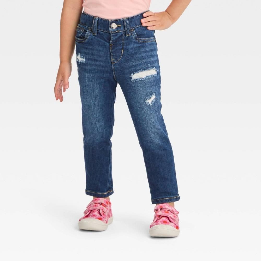 #8617 18M Toddler Girls' Skinny Dark Rip Repair Jeggings - Cat & Jack Dark Blue : Mid Rise Denim Pants, Adjustable Waistband - Default