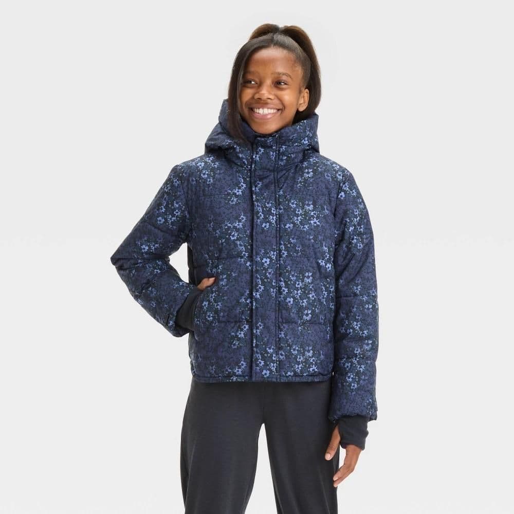 #5145 Small Girls' Floral Printed Puffer Jacket - All In Motion Black - Default