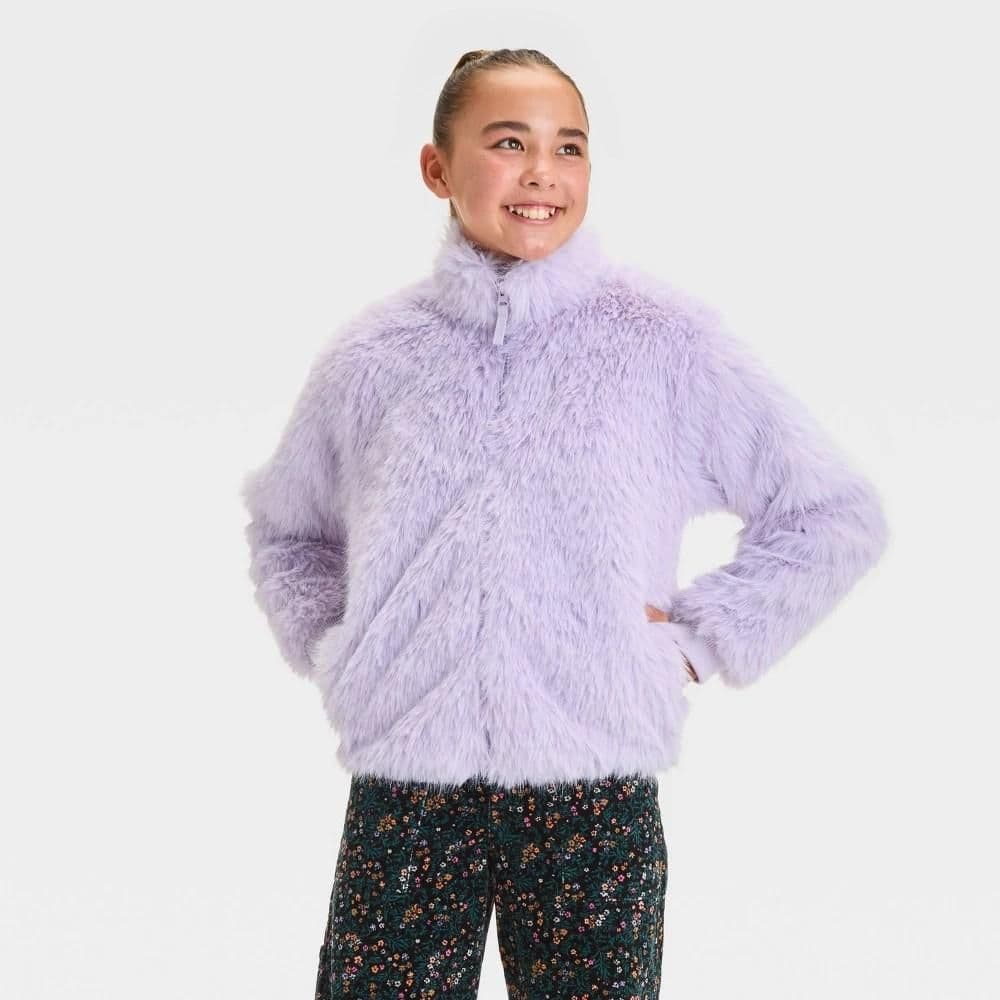 #5617 Large Girls' Solid Faux Fur Jacket - art class Purple - Default