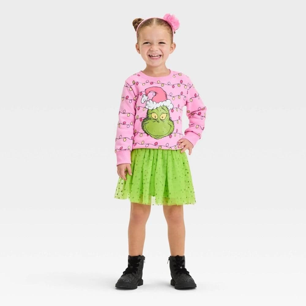 #2507 2T Toddler Girls'The Grinch Christmas Collection 2pcTutu and Fleece Pullover Set - Pink/Green - Default