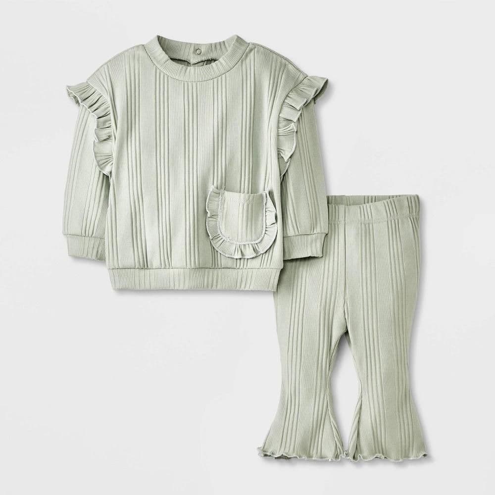 #8074 0-3M Grayson Mini Baby Girls' Mint Ruffle Pullover Set - Green - Default