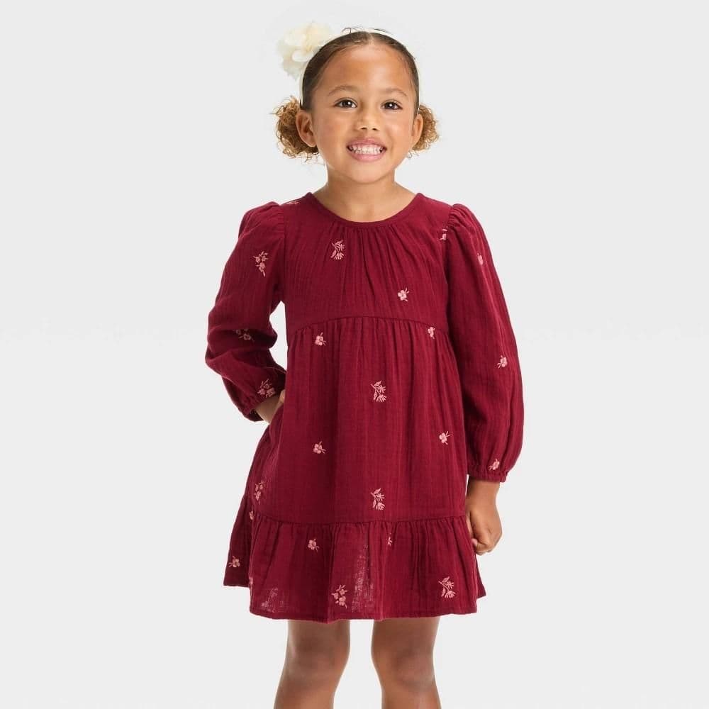#8594 18M Toddler Girls' Floral Long Sleeve Dress - Cat & Jack Dark Red - Default