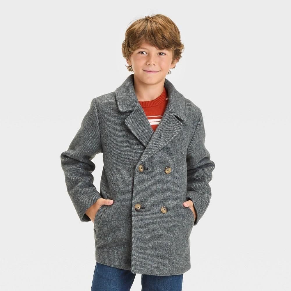 #5688 XL Boys' Solid Pea Coat - Cat & Jack Charcoal Gray - Default