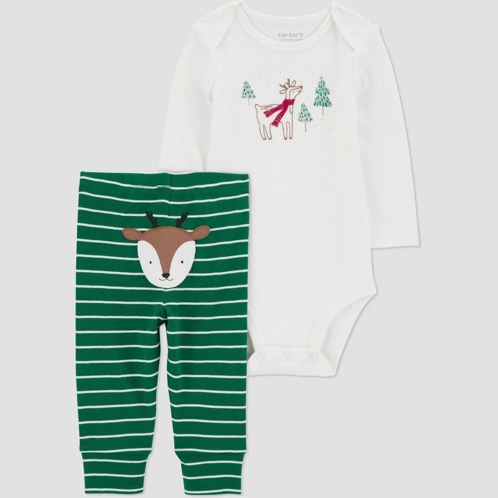 #3477 Newborn Carter's Just One You Baby Christmas 2pc Striped Reindeer Top & Bottom Set - Green - Default