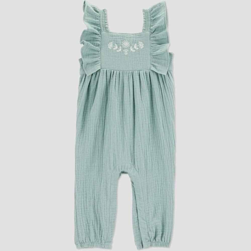 #8235 9M Carter's Just One You Baby Girls' Embroidered Gauze Jumpsuit - Green/White : Cotton, Floral Botanical Pattern, Ruffle Sleeveless - Default