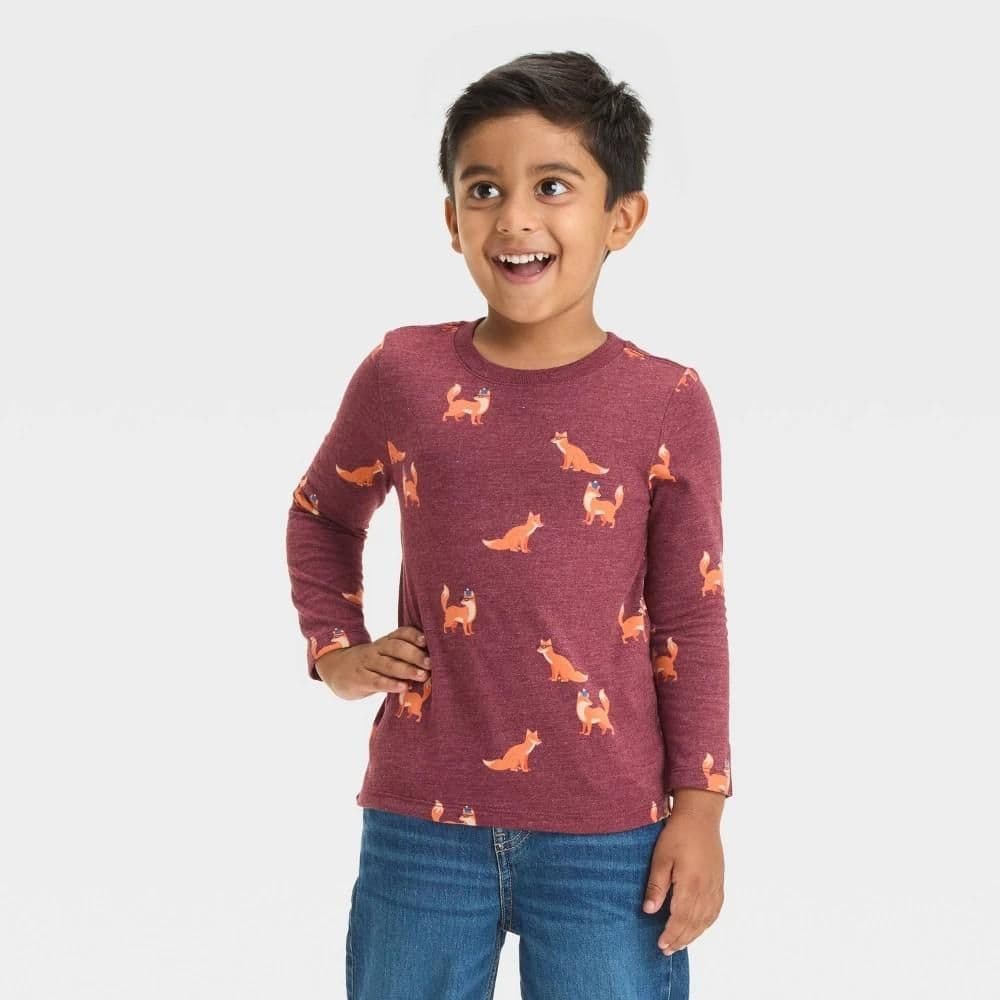#8698 2T Toddler Boys' Long Sleeve Fox T-Shirt - Cat & Jack Maroon : Cotton Blend, Recycled Polyester, Animal Pattern, Pullover Style - Default