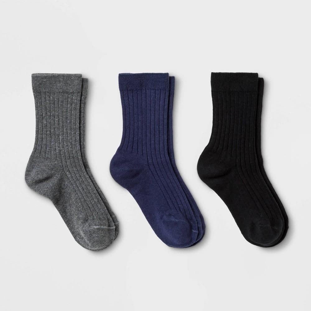 #5638 Large Kids' 3pk Dress Socks - Cat & Jack Gray/Black/Navy Blue - Default