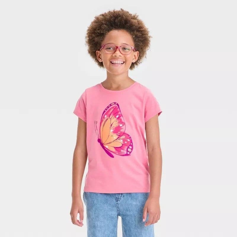 #5838 XXL Plus Girls' Short Sleeve Butterfly Graphic T-Shirt - Cat & Jack Medium Pink - Default