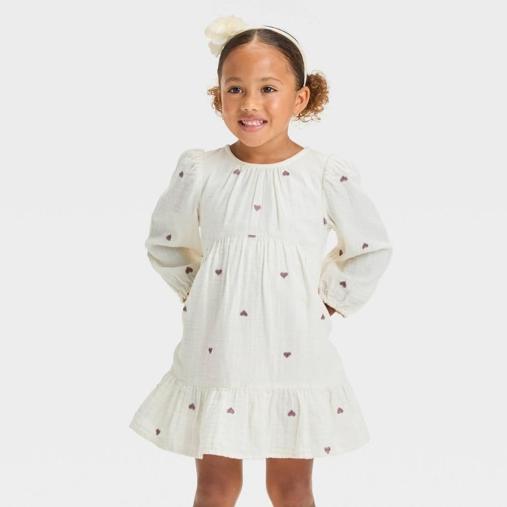 #2469 2T Toddler Girls' Hearts Long Sleeve Dress - Cat & Jack Cream - Default