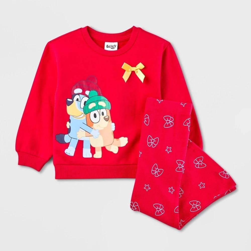 #2984 4T Toddler Girls' Bluey Bingo Christmas Bow 2pc PulloverTop and Bottom Set - Red - Default