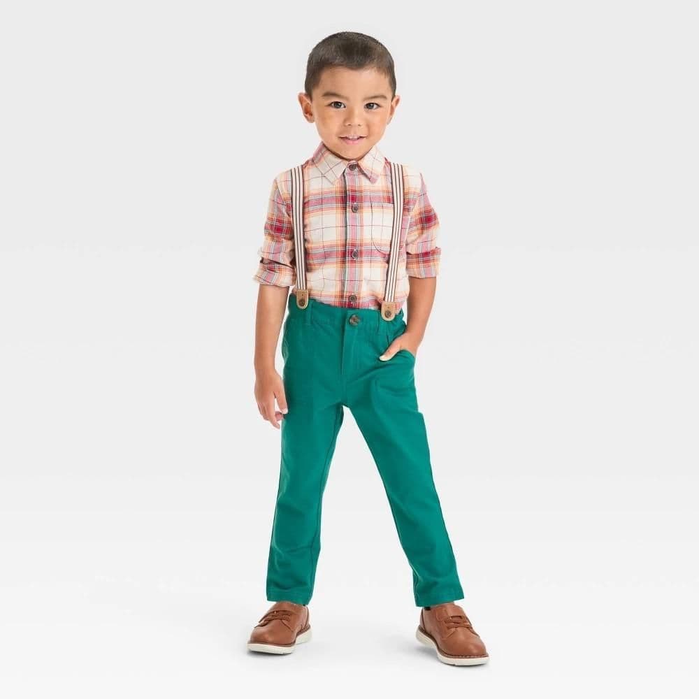 #2936 4T Toddler Boys' Long Sleeve Plaid Woven Button-Down Shirt and Suspender Pants Set - Cat & Jack - Default