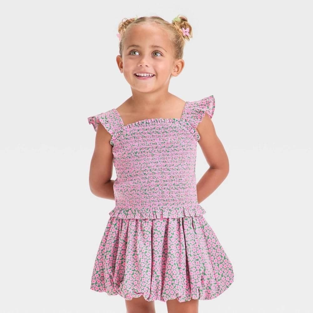 #4480 3T Toddler Girls' Pink Floral Smocked Tank Top- Cat & Jack Pink - Default
