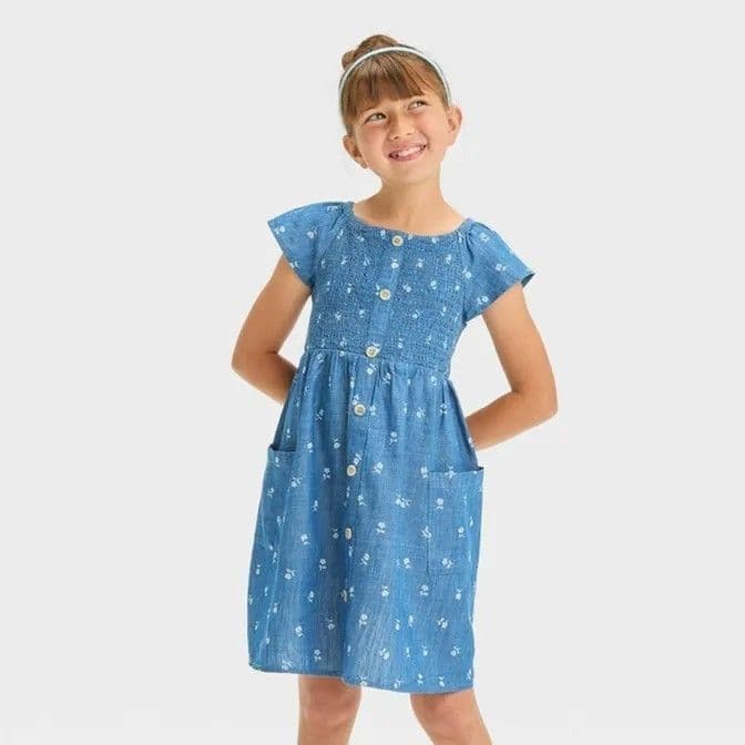 #5613 Large Girls' Short Sleeve Smocked Woven Floral Dress - Cat & Jack Chambray Blue - Default