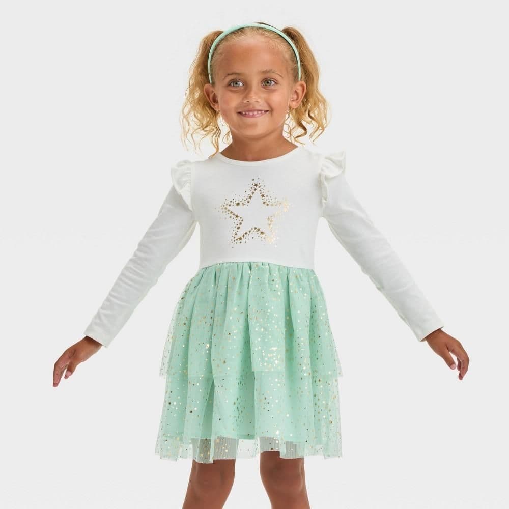 #2482 2T Toddler Girls' Long Sleeve StarTulle Dress - Cat & Jack Cream - Default