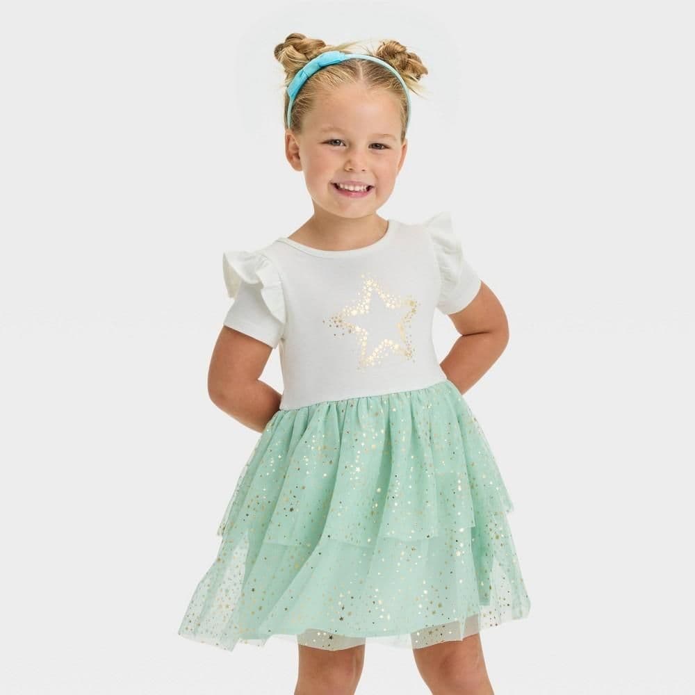 #9210 5T Toddler Girls' Short Sleeve Star Tulle Dress - Cat & Jack Cream - Default