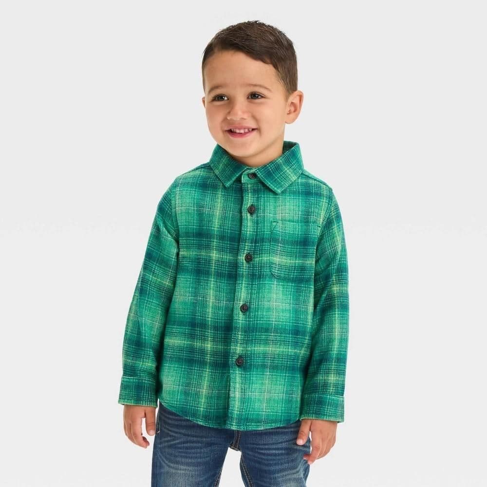 #8697 2T Toddler Boys' Long Sleeve Flannel Shirt - Cat & Jack Green - Default