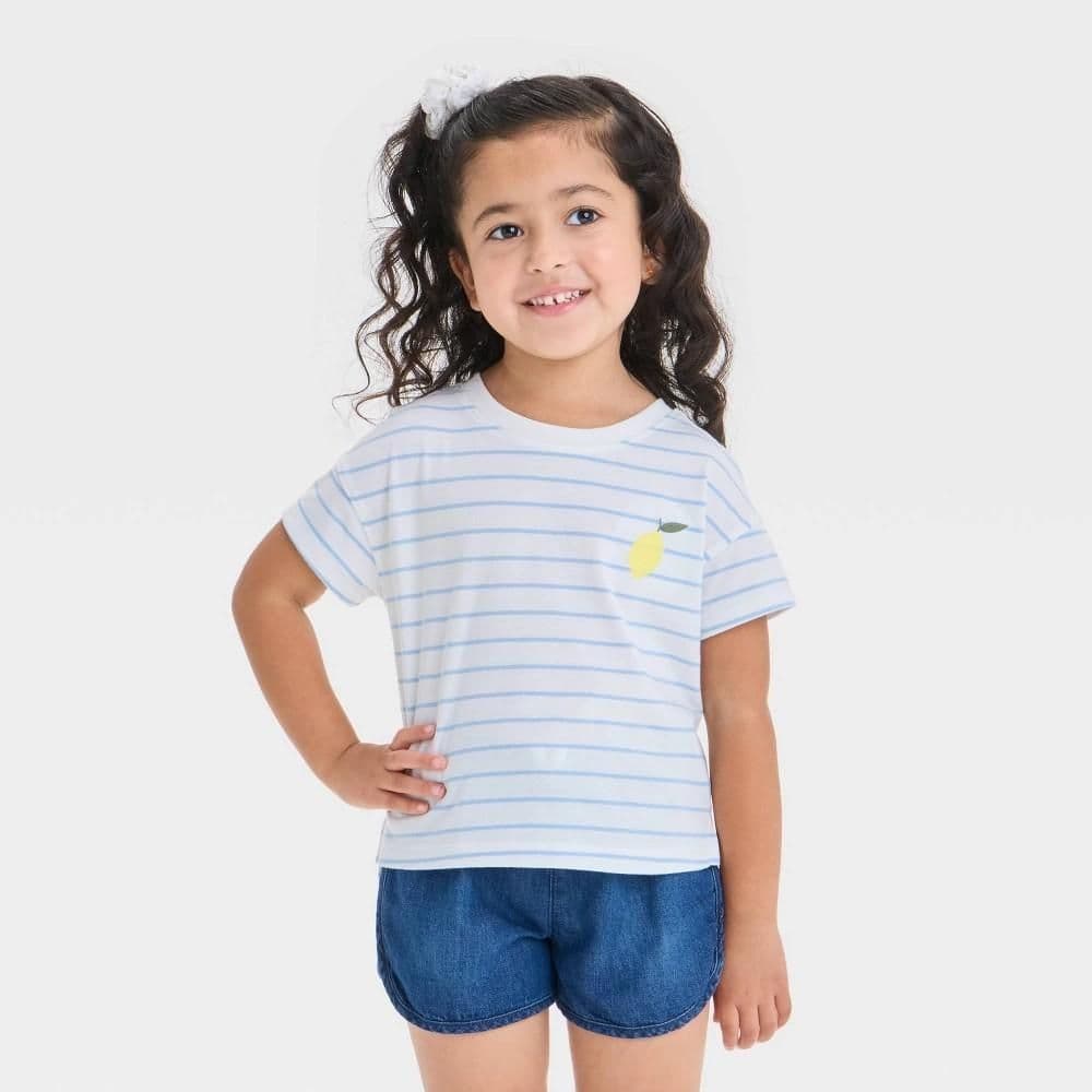 #8605 18M Toddler Girls' Lemon Striped Graphic T-Shirts - Cat & Jack Light Blue : Cotton Blend, Crew Neck, Short Sleeve, Below Waist - Default