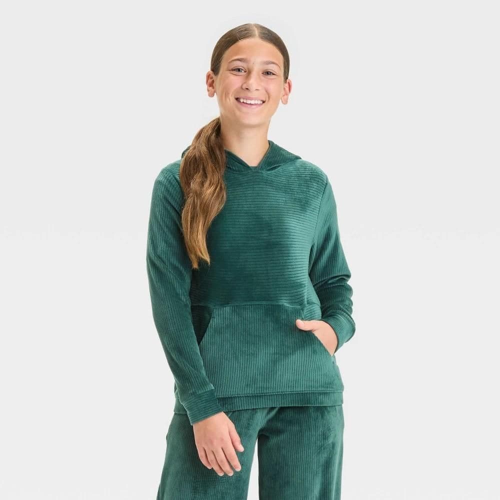 #5761 XL Girls' Velour Hoodie Sweatshirt - All In Motion Forest Green - Default