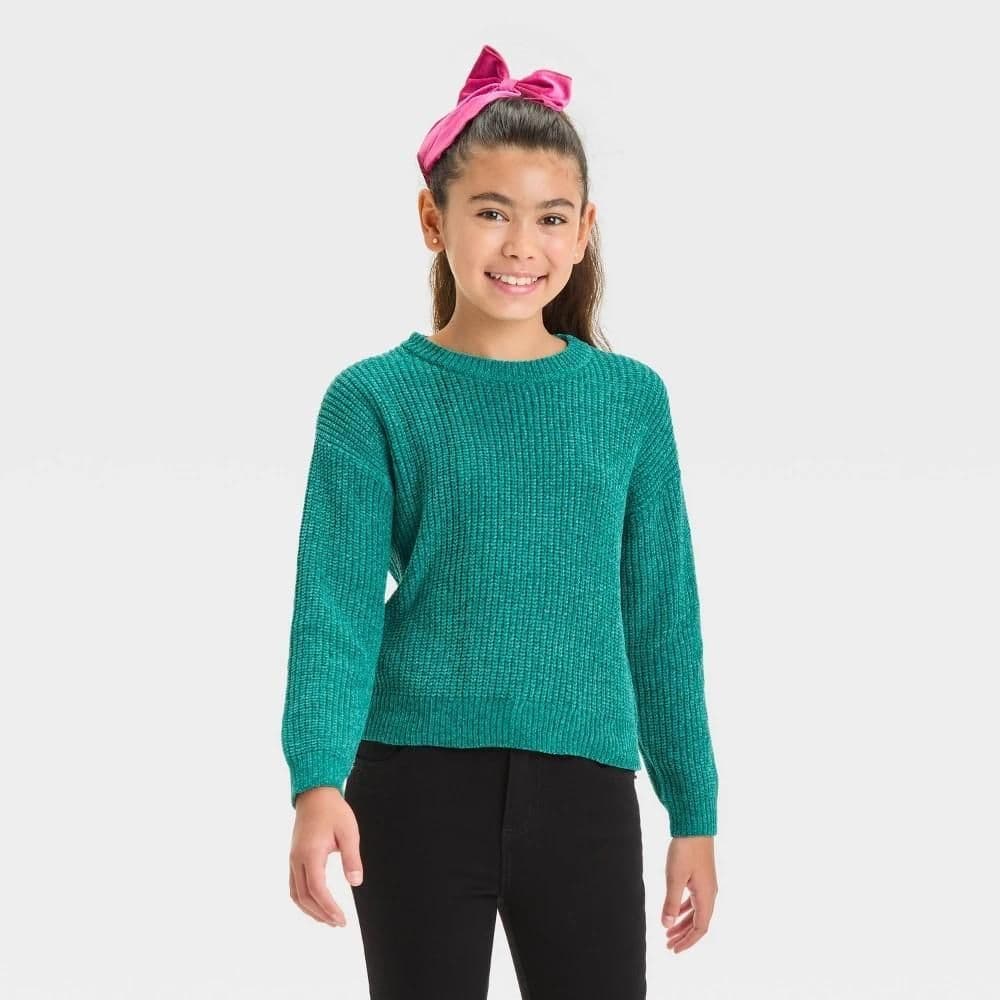 #5744 XL Girls' Pullover Chenille Sweater - Cat & Jack Dark Green - Default