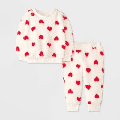 #3544 0-3M Baby Printed Heart Cozy Top & Bottom Set - Cat & Jack Cream - Default