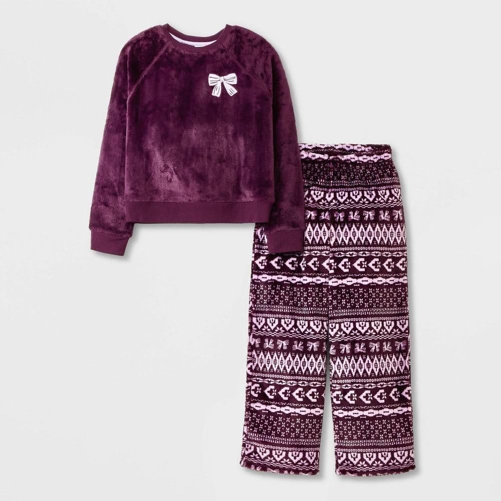 #5524 Large Girls' 2pc 'Bow Fairisle' Long Sleeve Cozy Pajama Set - Cat & Jack Gray/Purple - Default