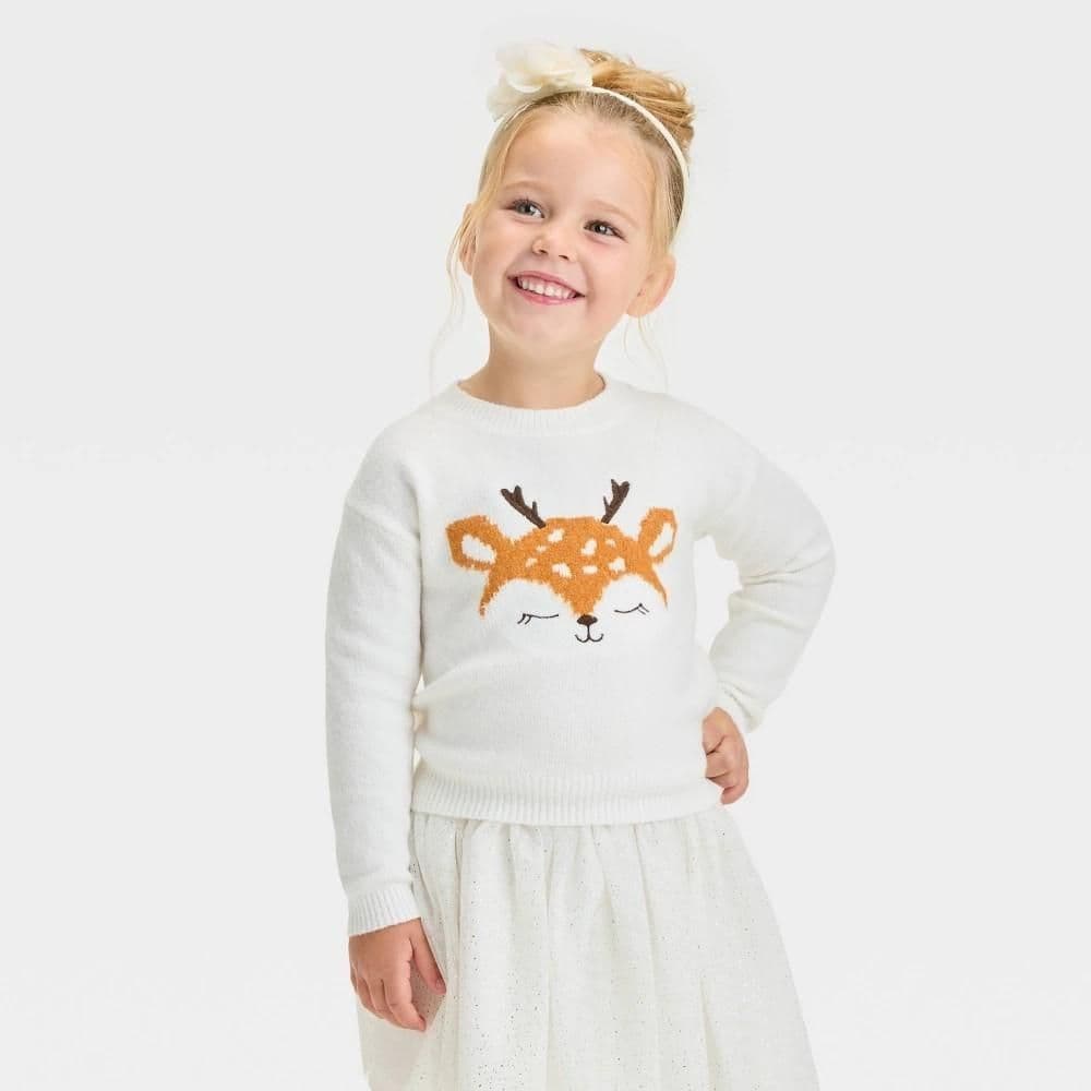 #3246 5T Toddler Girls' Deer Pullover Sweater - Cat & Jack Cream - Default